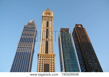 Beautiful skyscrapers in Dubai with an interesting architecutural desin.