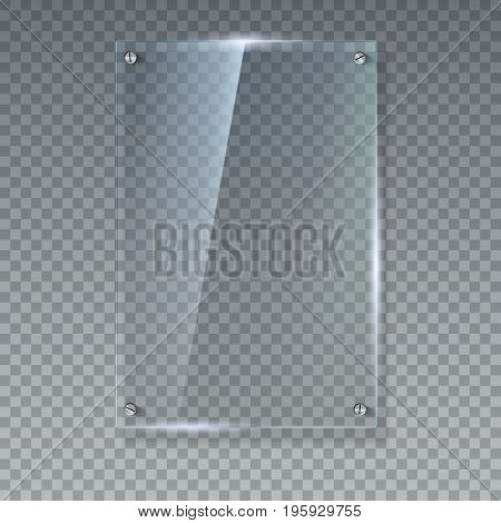 Blank, transparent vector glass plate. Vector template, vertical banner with copy-space. Photo realistic texture with highlights and glow on the transparent. See through the plastic, 3D illustration.