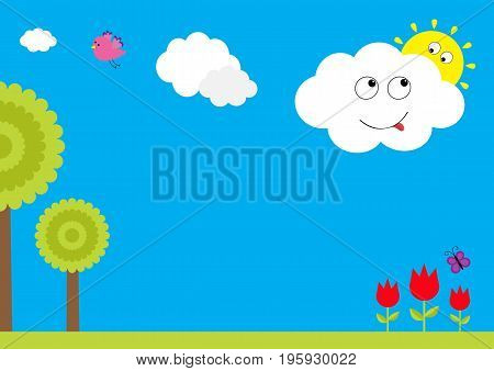 Three red tulip flower set with leaf and flying butterfly insect. Tree plant flying bird smiling cloud with sun. Floral plant decoration element. Flat design. Blue sky background. Isolated. Vector