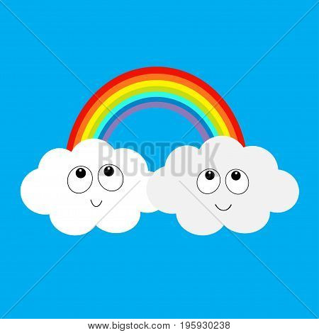 Rainbow and two clouds in the sky. Happy smiling face. Cute cartoon character. Dash line cloudshape twins. Love card. LGBT sign symbol. Flat design. Blue background. Vector illustration.