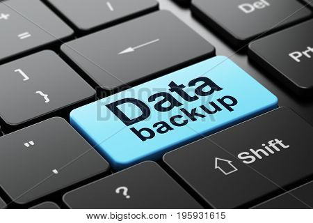Information concept: computer keyboard with word Data Backup, selected focus on enter button background, 3D rendering