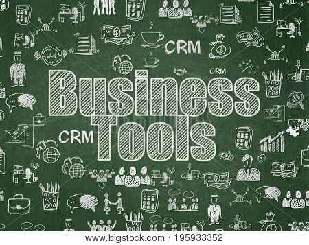 Business concept: Chalk White text Business Tools on School board background with  Hand Drawn Business Icons, School Board