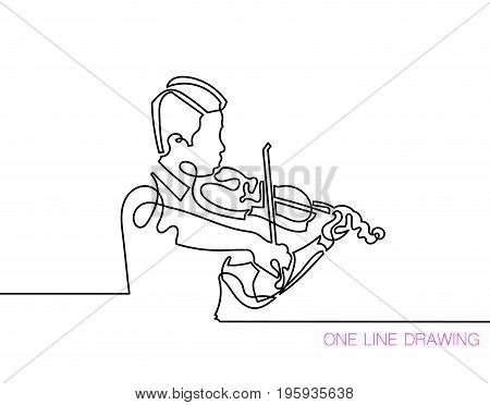 trendy continuous line black and white drawing in minimalistic style, young man playing the violin, lineart vector illustration