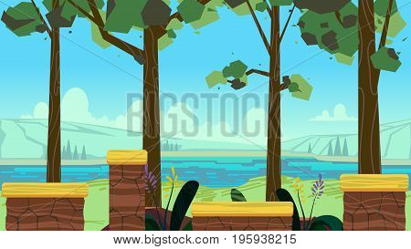 Cute cartoon seamless landscape with separated layers, summer day illustration, fits on mobile devices and may be scaled for desktop size. 1920x1080.