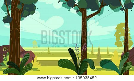 Cute cartoon seamless landscape with separated layers, summer day illustration, fits on mobile devices and may be scaled for desktop size. 1920x1080.