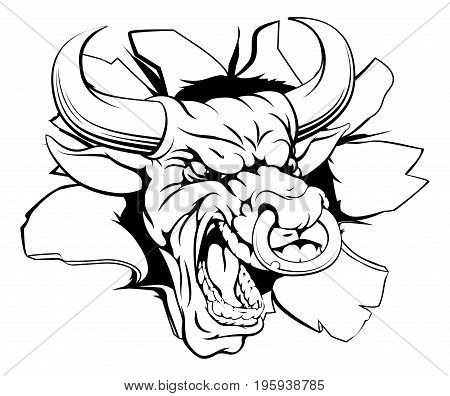 A bull sports mascot breaking out of the background