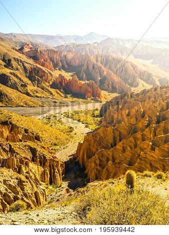 Landscape around Quebrada de Palala Valley with eroded spiky rock formations, El Sillar pass near Tupiza, Bolivia, South America.