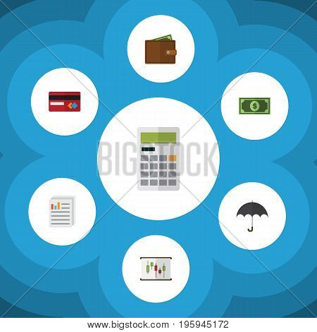 Flat Icon Gain Set Of Calculate, Greenback, Parasol And Other Vector Objects