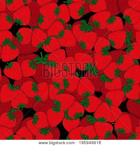 Seamless pattern with uicy strawberries on black background. Cute vector background. Bright summer fruits illustration.