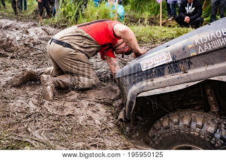 LUBOTIN UKRAINE - JULY 23 2016: RFC Ukraine Wild Boar Challenge 2016. Team on Toyota LandCruiser Prado 70 using sand tracks.