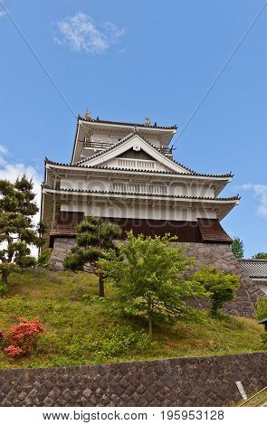 KAMINOYAMA JAPAN - MAY 28 2017: Main Keep (donjon) of Kaminoyama Castle Japan. Castle was founded in 1535 by Takenaga Yoshitada destroyed in 1692 and reconstructed in 1982