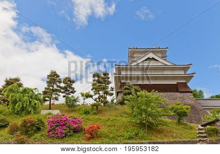 KAMINOYAMA JAPAN - MAY 28 2017: Main Keep (donjon) of Kaminoyama Castle Japan. Castle was founded in 1535 by Takenaga Yoshitada destroyed in 1692 and reconstructed in 1982