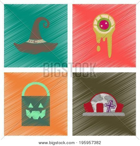 assembly flat shading style icons of halloween zombie eyes bag gravestone witch hat