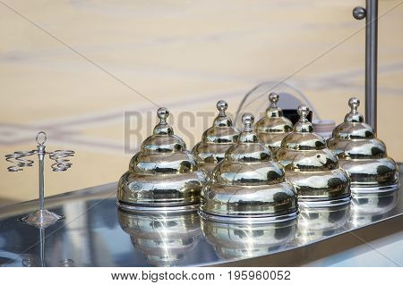 Close-up of counter for street ice-cream trading