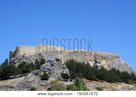 The Acropolis Of Lindos. The Village Of Lindos. The Island Of Rhodes. Greece
