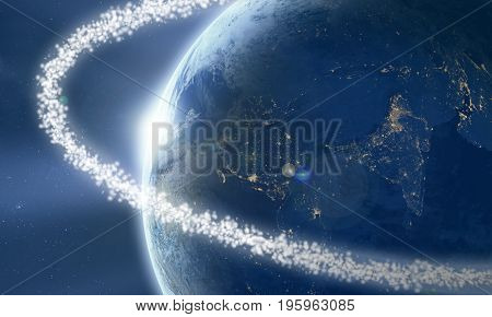 Space junk ring around the Earth viewed from space