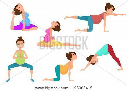 Set of young beautiful pregnancy woman character meditation while sitting yoga position. Fitness healthy lifestyle. Vector set of pregnant yoga poses. Vector illustration.