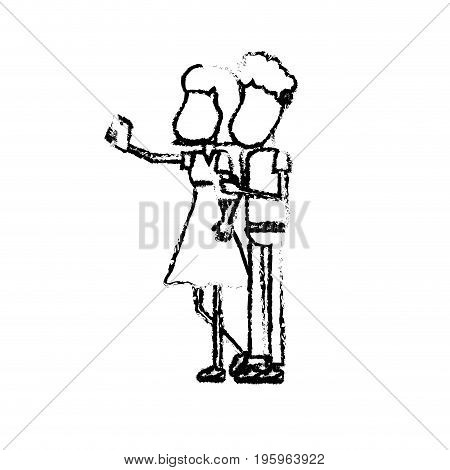figure beauty couple with hairstyle and smartphone in the hand vector illustration