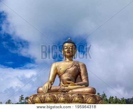 Closeup View Of Giant Buddha Dordenma Statue With The Blue Sky And Clouds Background, Thimphu, Bhuta