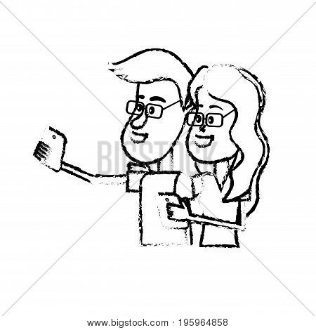 figure beauty couple with hairstyle and smartphone in the hand vector illustration
