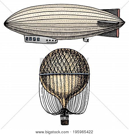 airship or zeppelin and dirigible or blimp, air balloon or aerostat illustration. For travel. engraved hand drawn in old sketch style, vintage transport