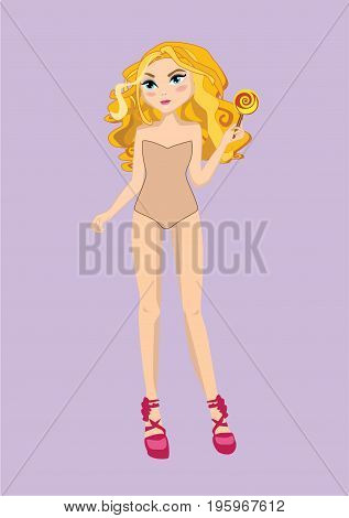 Beautiful cute blonde teenage girl with long legs in a body color swimming suit with bright lollipop in hand standing on a high heels.