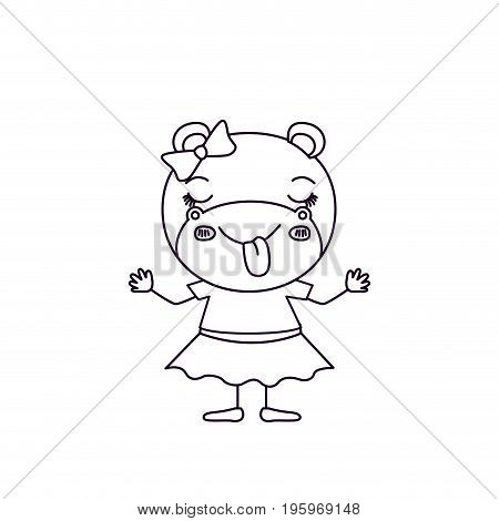 sketch silhouette caricature of cute expression female hippo in clothes with bow lace and sticking out tongue vector illustration