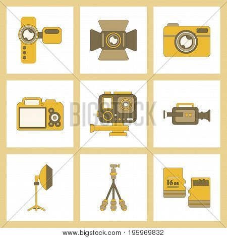 assembly of flat icon multimedia technology camcorder photo camera professional lighting tripod micro SD