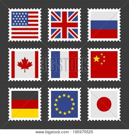 Postage Stamps Set with Different Country Flags. Vector illustration