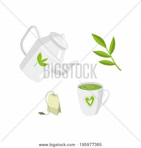Vector tea ceremony set flat isolated illustration on a white background. Cartoon cap of green tea on the saucer, herbal tea bag, herb transparent teapot, kettle leaf tea. Healthy lifestyle concept