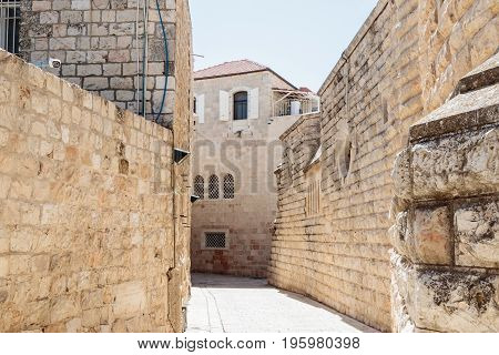 Silent streets in the old city of Jerusalem Israel. Hativat Etsyoni street.