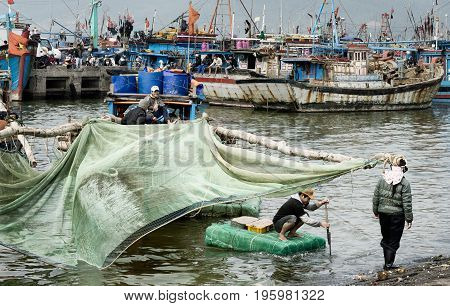 Fisherman bringing baskets with shrimps to the shoreside. December 26 2013 - Da Nang, Vietnam