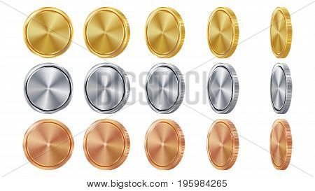 Empty 3D Gold, Silver, Bronze Coins Vector Blank Set. Realistic Template. Flip Different Angles. Investment, Web, Game App Interface Concept. Coin Icon, Sign, Banking Cash Symbol