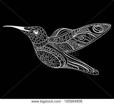 Vector illustration of a hummingbird. Stylized flying bird. Drawing with ornaments. Linear Art. Black and white drawing by hand.