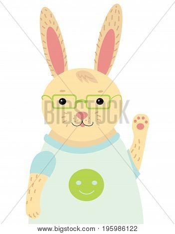 A cartoon portrait of a hare. Stylized happy rabbit with glasses. Drawing for children.