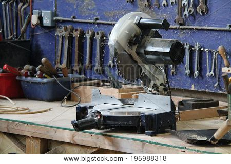 A Circular Saw on the Bench of a General Workshop.