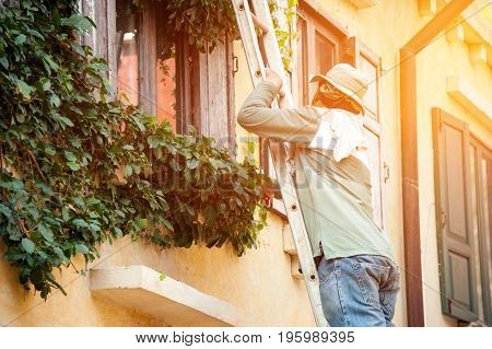 carpenter climb to second floor by a ladder to repair house