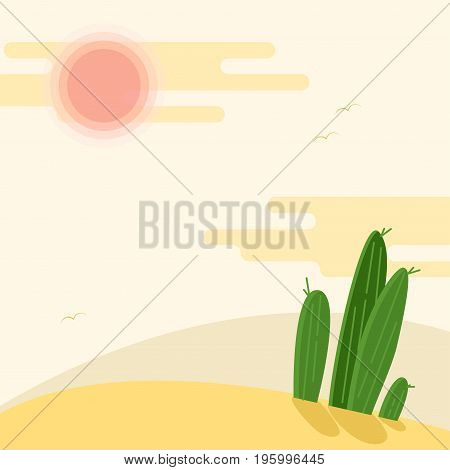 Day Desert Landscape With Cacti Under The Sun Flat Vector Illustration. Hot Sahara Desert Under Fade