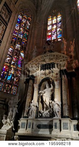 Duomo milan cathedral Pulpit, MILAN,ITALY - October 15, 2015: The beautiful design of statue inside Duomo di milano.