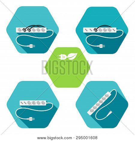 Set Of Hexagon Icons Of Modern Electric Extension Cord Type B With Plugs Connected On The Turquoise 