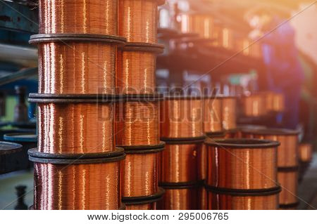 Production Of Copper Wire, Bronze Cable In Reels At Factory.