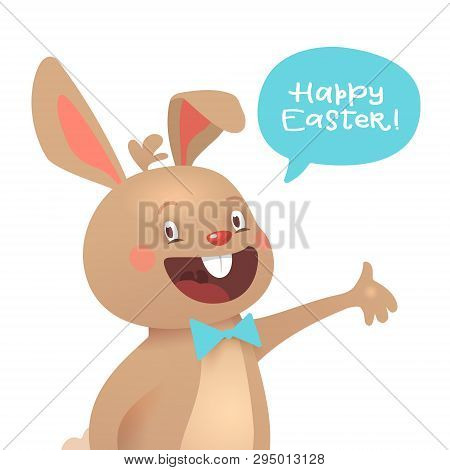 Happy Easter Greeting Card With Bunny And Eggs. Vector Cartoon Illustration. Cute Stylish Characters