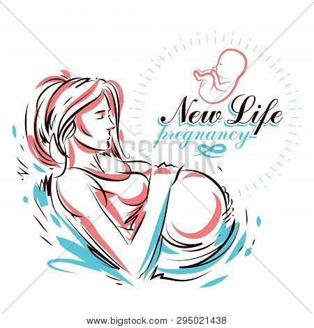 Pregnant Female Body Shape Hand Drawn Vector Illustration, Beautiful Lady Gently Touching Her Belly.