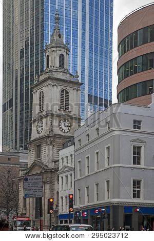 St Botolph-without-bishopsgate, Busy Exterior Set Against Modern Offices London, United Kingdom, Arc