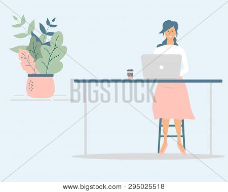 Cute Woman Freelancer Work By Computer At The Table. Successful Female Character Sit On High Chair. 