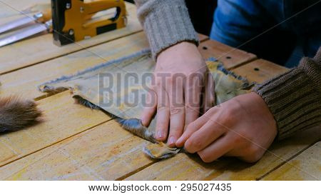 Professional Male Skinner, Furrier Working With Mink Fur Skin At Atelier, Workshop. Fashion And Leat