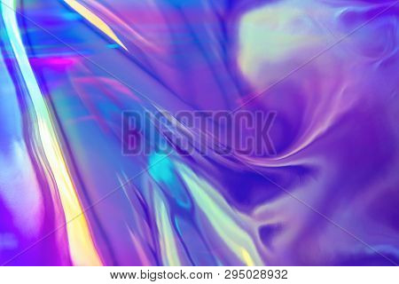 Abstract Trendy Holographic Background In 80s Style. Real Texture In Violet, Pink And Mint Colors Wi