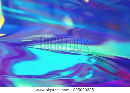 Abstract Trendy Holographic Background In 80s Style. Real Texture In Violet, Pink And Mint Colors Wi