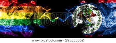 Gay Vs Belize, Belizean Smoke Flags Placed Side By Side. Thick Colored Silky Smoke Flags Of Pride An