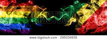 Gay Vs Congo, Congolese Smoke Flags Placed Side By Side. Thick Colored Silky Smoke Flags Of Pride An